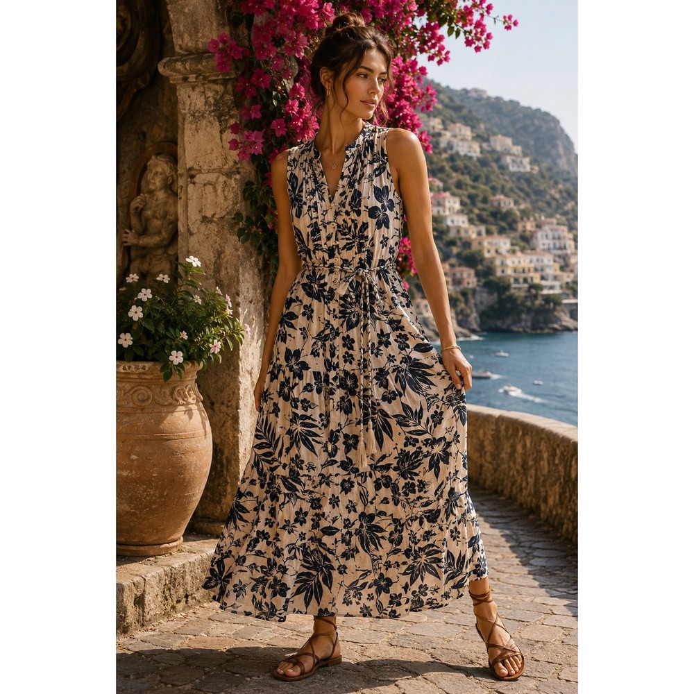 Faherty Linen Maxi Dress M Navy Floral Pintuck Button Boho Coastal Belted
